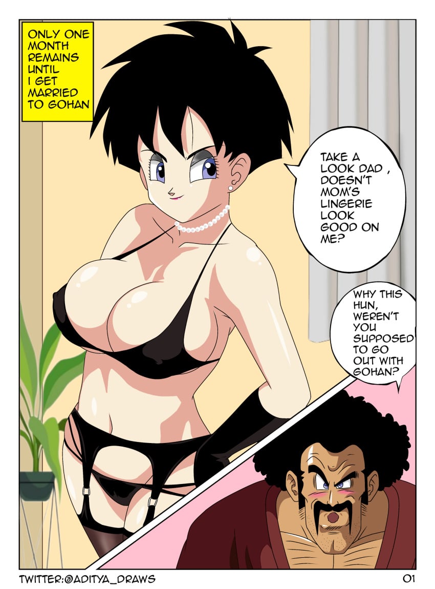 1girls 1male aditya_draws armwear big_breasts blush bra dark-skinned_male dragon_ball dragon_ball_super dragon_ball_z earrings female garter_belt hand_on_waist light-skinned_female lingerie lipstick makeup male mr._satan necklace stockings videl