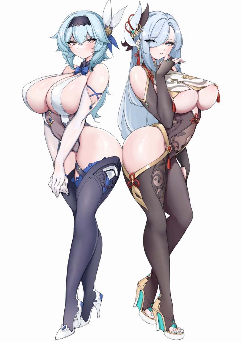 2girls ass blue_hair bodystocking breasts cleavage eula_(genshin_impact) female female_only genshin_impact hair_ornament hair_over_one_eye heels hi_res high_heel_boots high_heels hips huge_ass huge_breasts lamsass light-skinned_female light_skin long_hair long_legs revealing_clothes shenhe_(genshin_impact) slim_waist thick_thighs thighhighs thighs underboob white_hair wide_hips