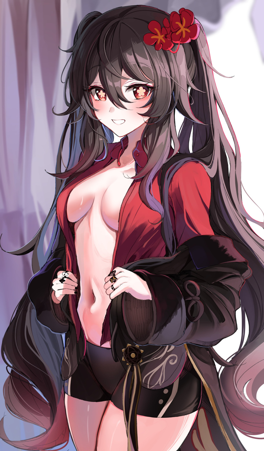 blush breasts brown_hair genshin_impact hu_tao_(genshin_impact) looking_at_viewer red_eyes sak_(lemondisk) shorts small_breasts smile twintails undressing