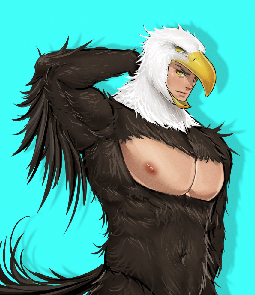 arm_behind_head beak eagle eagle_costume exposed_chest feathers gijinka inktober kappibara looking_at_viewer male male_only muscles muscular muscular_male pecs