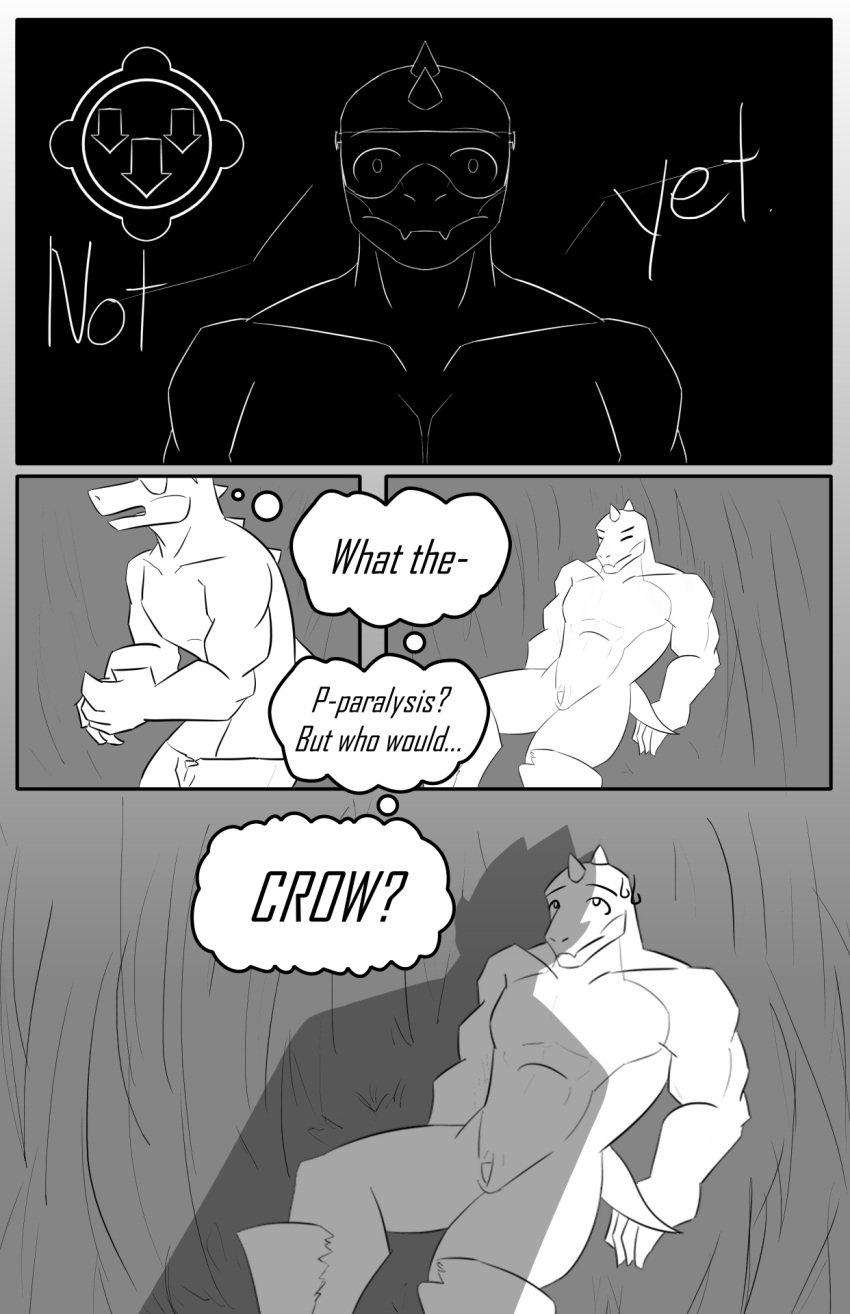 anthro brawl_stars buzz_(brawl_stars) comic crow_(brawl_stars) dinosaur duo falling gay grass greyscale hi_res male male/male monochrome nielon_saberton paralysis plant reptile scalie shadow stunned