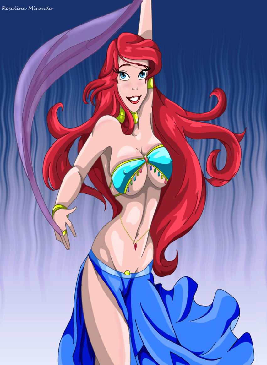 1girls ariel ariel_(the_little_mermaid) belly_dancer belly_dancer_outfit blue_eyes cleavage dancer dancer_outfit dancing disney disney_princess harem_girl harem_outfit large_breasts long_hair looking_at_viewer milf mshowllet red_hair sarong the_little_mermaid the_little_mermaid_(1989_film) veil