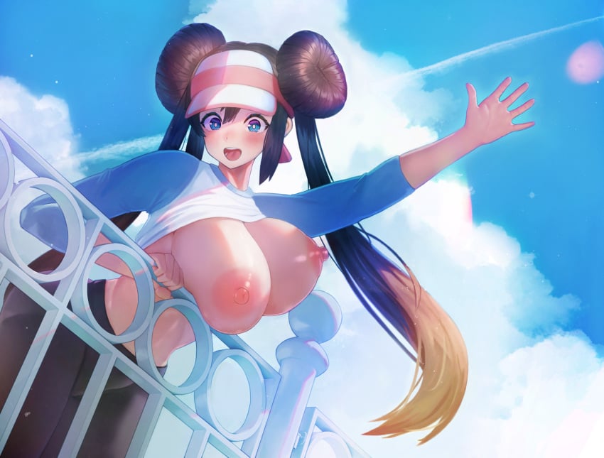 big_breasts blue_eyes blue_sky blush breast_squish breasts breasts_against_wall brown_hair brunette cap cloud clouds hair hair_buns happy hat huge_breasts large_areolae large_breasts large_nipples long_hair looking_at_viewer no_bra noperori open_mouth pantyhose perky_nipples pokemon pokemon_bw2 rosa_(pokemon) shirt shirt_lift sky sunny tagme waving