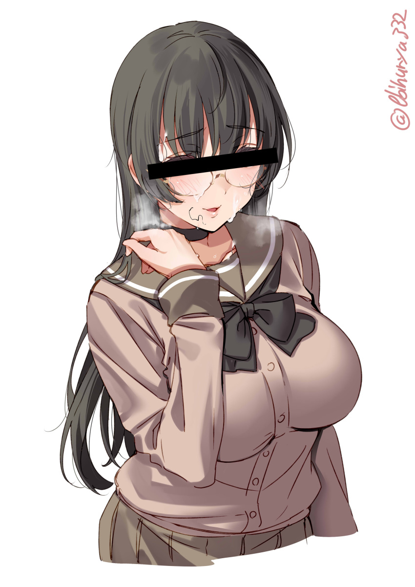 absurdres after_fellatio alternate_costume bar_censor black_hair blush breasts brown_skirt buttons censored choukai_(kantai_collection) covered_eyes ebifurya female glasses highres kantai_collection large_breasts long_hair long_sleeves open_mouth pleated_skirt red_eyes rimless_eyewear school_uniform simple_background skirt smile solo stray_pubic_hair twitter_username upper_body white_background