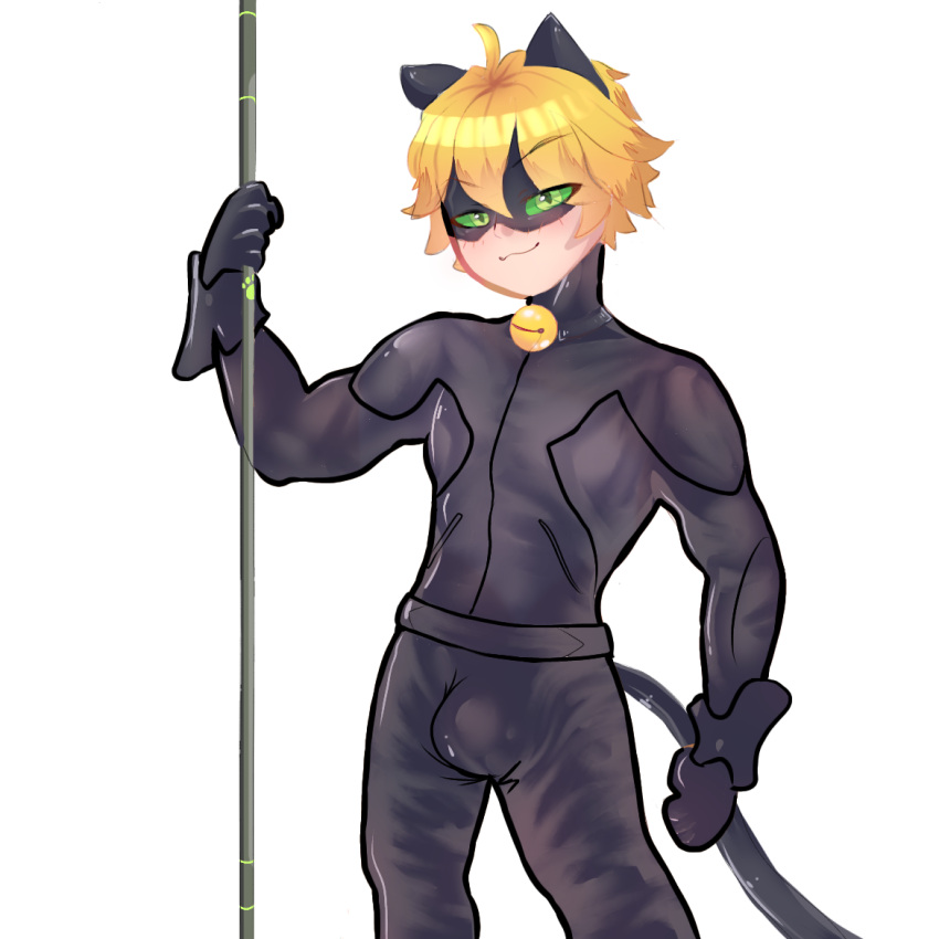 1boy abs adrien_agreste bell black_gloves black_suit blonde_hair bulge cat_bell cat_ears cat_eyes cat_noir cat_tail catboy collar green_eyes koilada male male_only mask masked masked_male miraculous:_tales_of_ladybug_and_cat_noir miraculous_ladybug muscular muscular_male pole posing seductive_smile smile smirk smirking smirking_at_viewer solo staff white_background