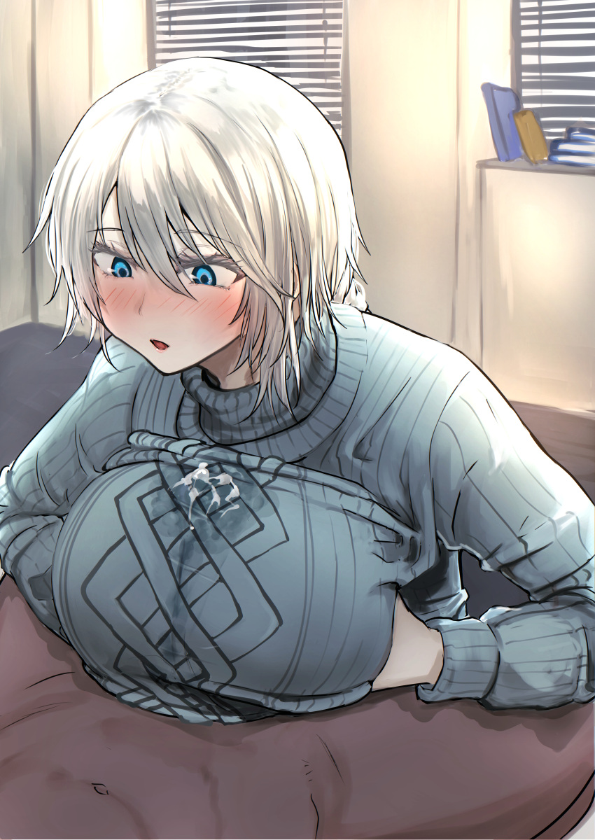 1boy 1girls adelaide_bluthausen alice_gear_aegis blue_eyes cum cum_on_clothes cum_through_clothes cum_under_clothes dark-skinned_male dark_skin gogogorx_(gonzō) indoors light-skinned_female light_skin paizuri paizuri_under_clothes pov sweater titfuck_over_clothes titjob white_background