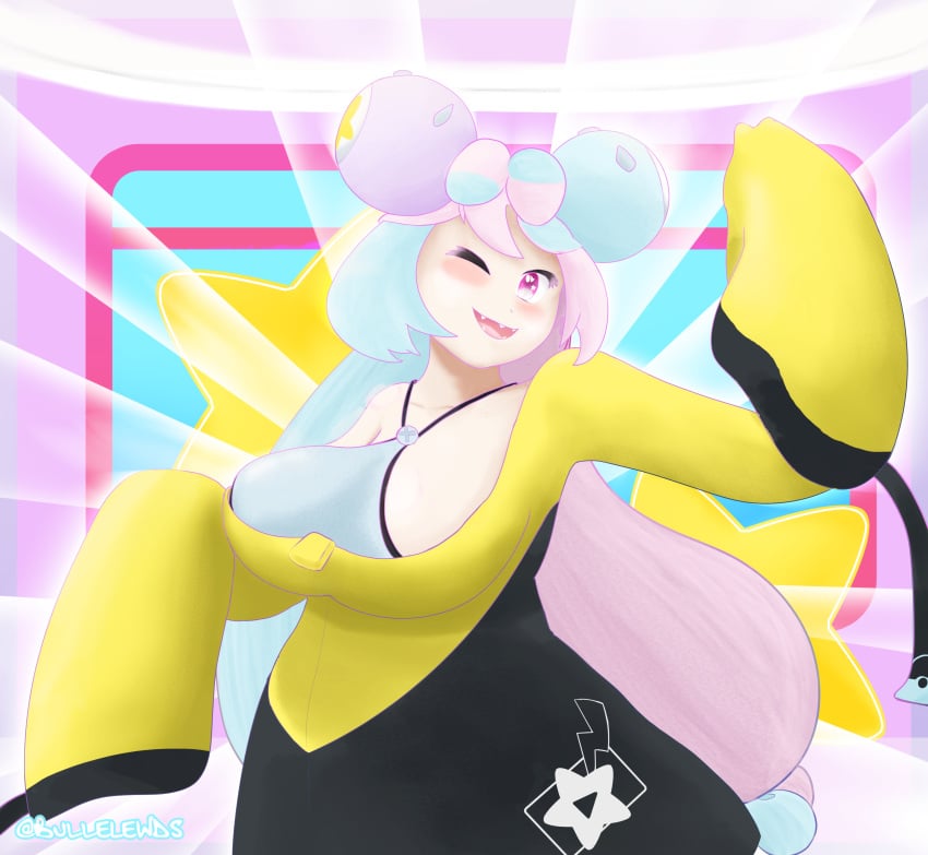 1girls big_breasts blue_hair bullelewds electric_type fancy_shmancy_hair_clips female female_only gym_leader iono_(pokemon) multicolored_hair pink_eyes pink_hair pokemon pokemon_sv sfw solo streamer youtuber_girl