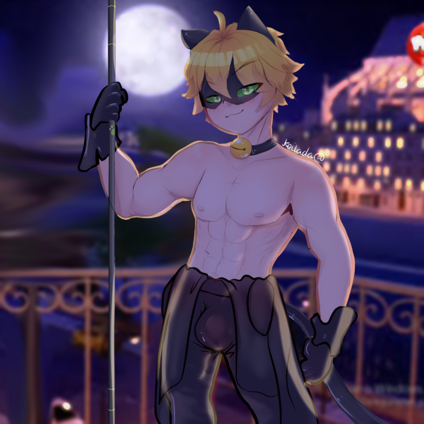 1boy abs adrien_agreste background balcony bell blonde_hair bodysuit bulge cat_bell cat_ears cat_eyes cat_noir cat_tail catboy collar green_eyes koilada male male_only mask miraculous:_tales_of_ladybug_and_cat_noir miraculous_ladybug muscular muscular_male night night_sky pole posing seductive_smile smile smirk smirking smirking_at_viewer solo solo_focus solo_male staff suit unzipped_bodysuit