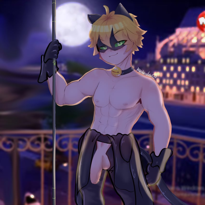 1boy abs adrien_agreste background balcony bell big_balls big_cock big_penis blonde_hair bodysuit cat_bell cat_ears cat_eyes cat_noir cat_tail catboy collar dick green_eyes koilada male male_only mask miraculous:_tales_of_ladybug_and_cat_noir miraculous_ladybug muscular muscular_male night night_sky penis penis_out pole posing seductive_smile smile smirk smirking smirking_at_viewer solo solo_focus solo_male staff suit unzipped_bodysuit unzipped_pants