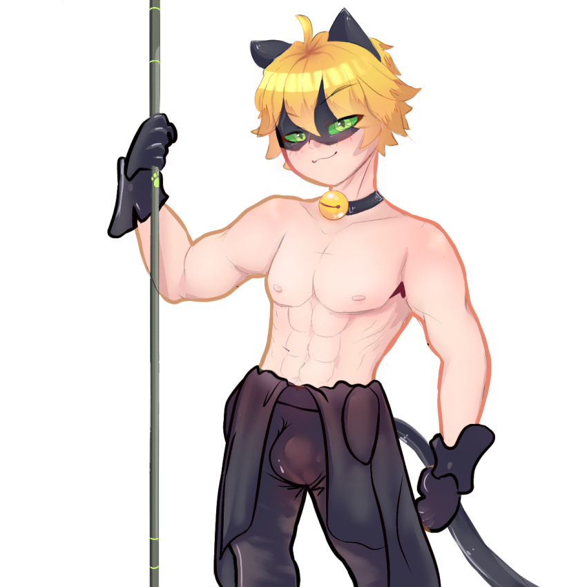 1boy abs adrien_agreste bell black_gloves black_suit blonde_hair bulge cat_bell cat_ears cat_eyes cat_noir cat_tail catboy collar green_eyes koilada male male_only mask masked masked_male miraculous:_tales_of_ladybug_and_cat_noir miraculous_ladybug muscular muscular_male pole posing seductive_smile shirtless shirtless_(male) smile smirk smirking smirking_at_viewer solo staff suit unzipped_bodysuit white_background white_skin