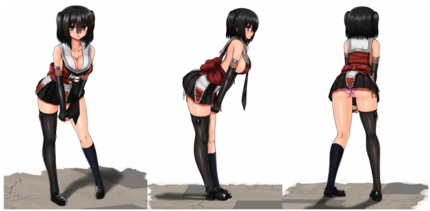 absurdres ass asymmetrical_legwear bangs bare_shoulders black_footwear black_gloves black_hair black_skirt blush bow breasts brown_eyes cleavage collarbone elbow_gloves female from_behind gloves hair_between_eyes hair_ornament hairpin highres kantai_collection kinnan kneehighs large_breasts leaning_forward legs_apart loafers looking_at_viewer miniskirt multiple_views open_mouth own_hands_together panties pantyshot pink_panties pleated_skirt profile red_bow sailor_collar sash sendai_(kantai_collection) shoes sideboob simple_background single_kneehigh single_sock single_thighhigh skirt sleeveless smile socks standing thighhighs trefoil two_side_up underwear uneven_legwear v_arms white_background