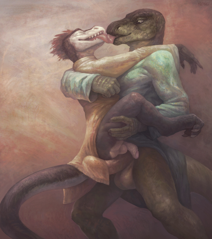 2018 3_toes 4_fingers anthro anthro_on_anthro arm_on_shoulder ass backsack balls balls_on_penis big_penis biped black_body black_scales bottomless brown_eyes brown_hair bulge carrying_partner claws closed_eyes clothed clothing cuddling dinosaur dromaeosaurid duo edmund_(klongi) embrace erection eye_contact feet fingers foreskin genitals glans green_body green_clothing green_scales green_shirt green_topwear hair hand_on_leg hand_on_side hand_on_thigh hi_res hug humanoid_genitalia humanoid_penis iguanodon iguanodontid jagged_teeth juc kissing klongi larger_male leg_grab lizard long_tongue looking_at_another looking_at_partner male male/male multicolored_body multicolored_scales open_mouth ornithischian partially_retracted_foreskin paws penis penis_size_difference penises_touching pink_penis predator/prey realistic_penis_size reptile romantic romantic_ambiance romantic_couple scales scalie shirt simple_background sitting_on_penis size_difference slim slim_anthro slim_male smaller_male smile teeth theropod thigh_grab toe_claws toes tongue tongue_on_tongue tongue_out topwear velociraptor white_balls white_body white_clothing white_scales white_shirt white_topwear