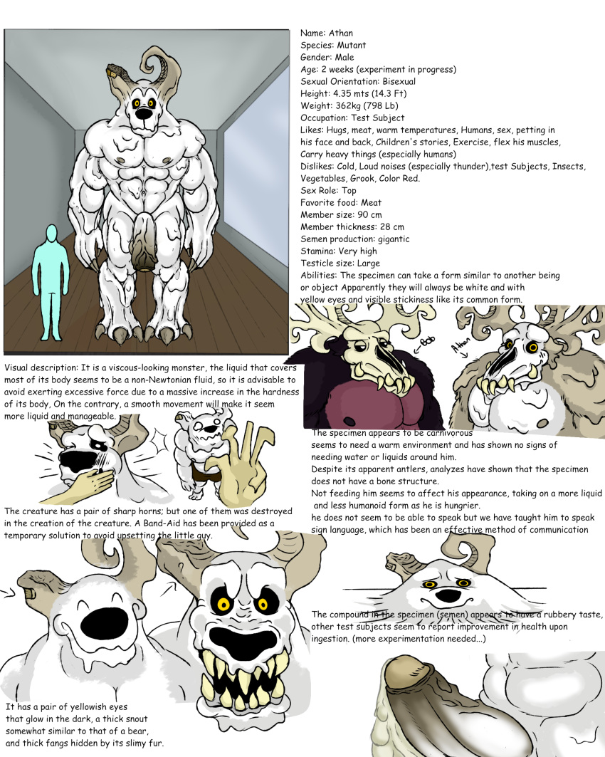 abs absurd_res angry antlers athan_the_monster big_muscles black_body black_fur black_nose bob_(athan_the_monster) broken_hand broken_horn claws duo fur genitals goo_creature hi_res horn huge_muscles humanoid larger_humanoid larger_male male male/male model_sheet monster muscular muscular_male penis size_difference slap slime stated_bisexuality thick_penis yellow_eyes