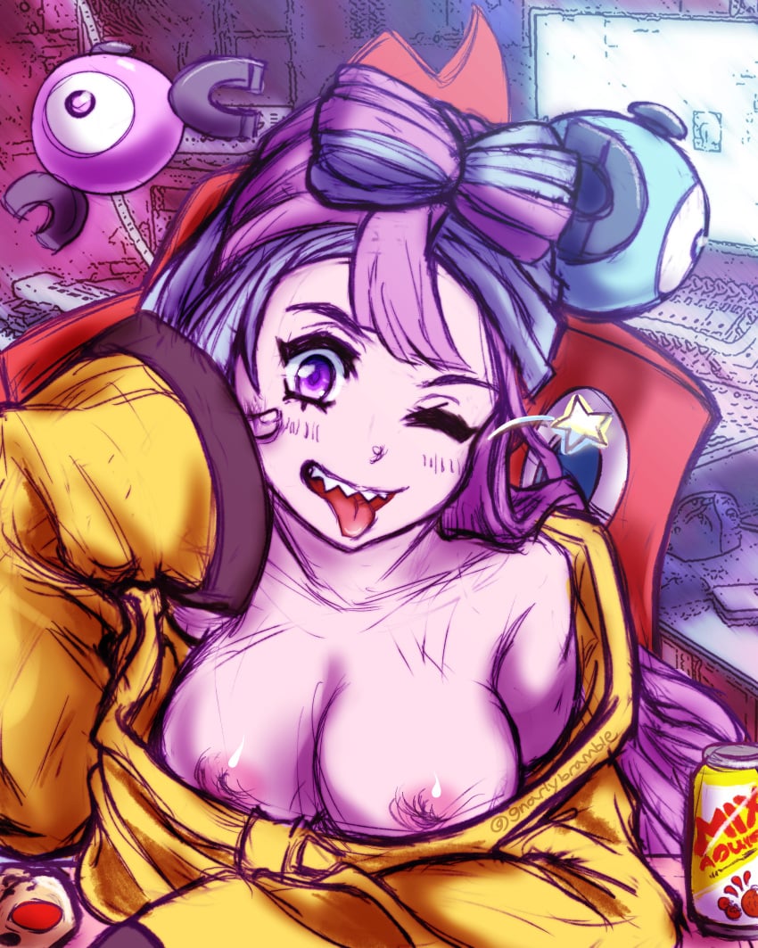 1girls absurd_res areolae big_breasts blue_and_pink_hair breasts eye_contact fancy_shmancy_hair_clips female game_freak gnarlybramble gym_leader hair_ornament high_resolution iono_(pokemon) large_filesize light_skin long_hair looking_at_viewer nintendo nipples one_eye_closed pokemon pokemon_(game) pokemon_sv purple_eyes sharp_teeth solo topless two_tone_hair