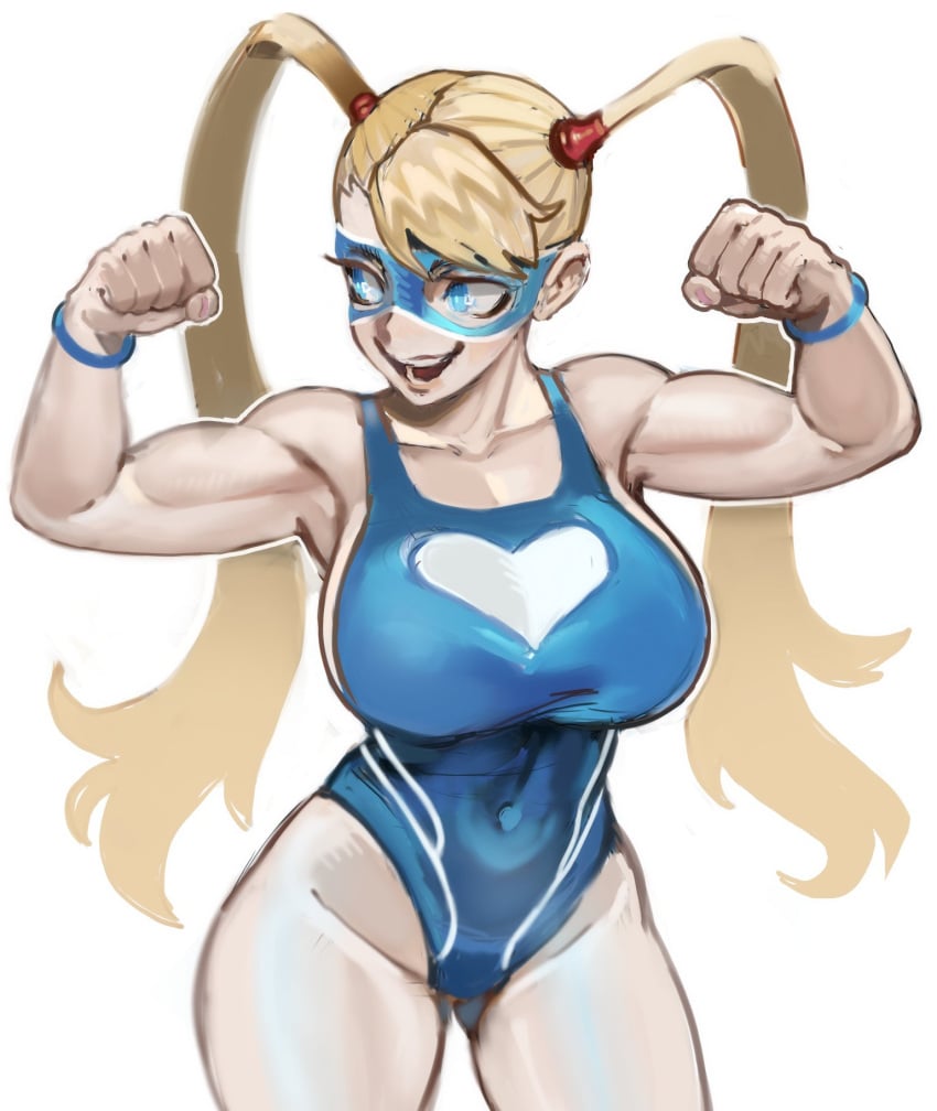 1girls biceps big_breasts blonde_hair breasts capcom female female_only flexing_bicep fully_clothed leotard mask muscular muscular_female neroartbox one-piece_swimsuit rainbow_mika solo street_fighter swimsuit thick_thighs twintails white_background wide_hips wrestling_outfit