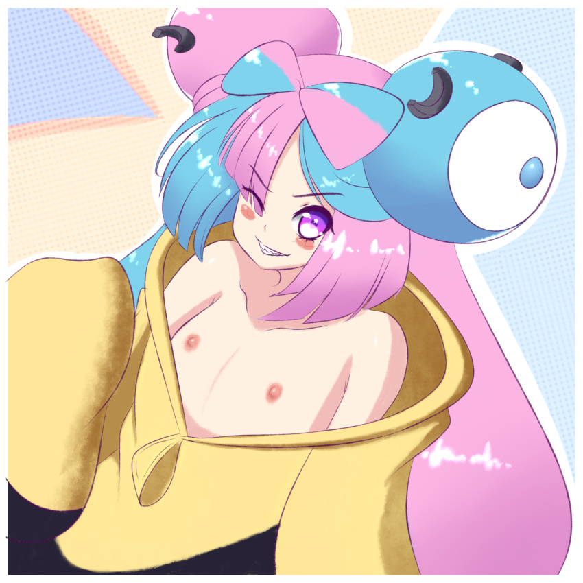 1girls areolae bare_shoulders blue_and_pink_hair fancy_shmancy_hair_clips female female_focus female_only flat_chest flat_chested game_freak gym_leader human human_only iono_(pokemon) jcdr light-skinned_female light_skin nintendo nipples pokemon pokemon_(game) pokemon_sv solo solo_female two_tone_hair upper_body young