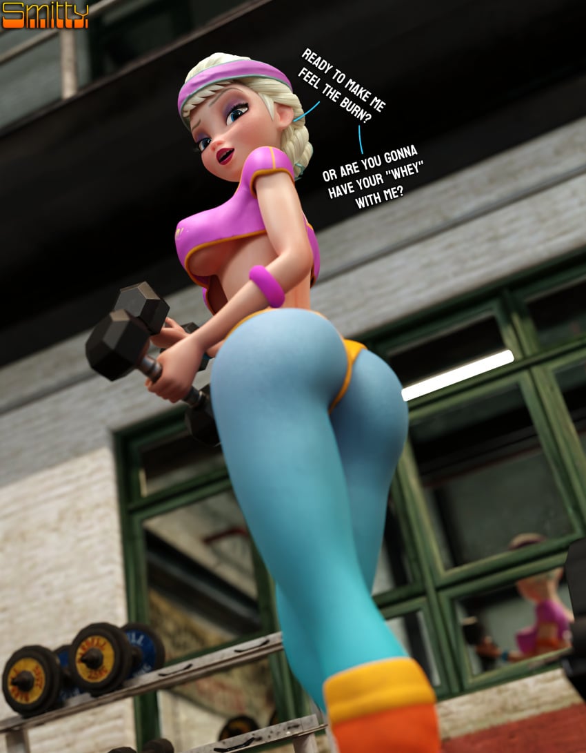 3d 3d_(artwork) big_ass big_breasts blender_(software) disney elsa_(frozen) frozen_(film) large_ass large_breasts looking_back low-angle_view pinup smitty34 tagme the2ndtwinx weights workout_clothes yoga_pants