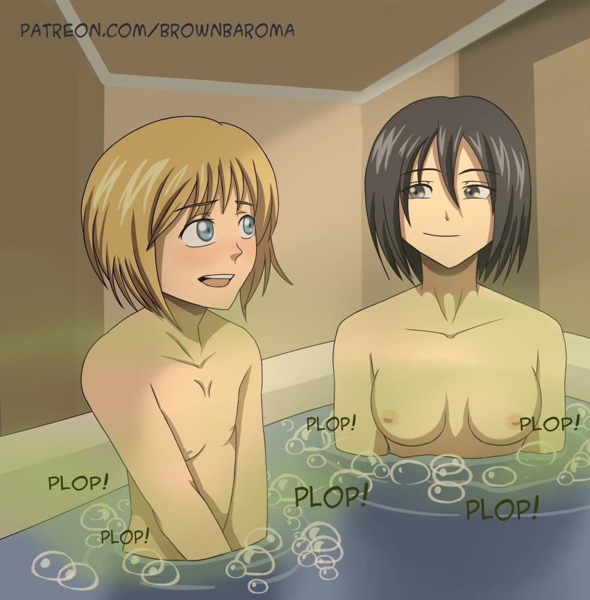 1boy 1girls armin_arlert attack_on_titan bath_fart black_hair blonde_hair breasts brownbaroma bubbles fart fart_bubbles fart_fetish farting female femboy girly male mikasa_ackerman nipples