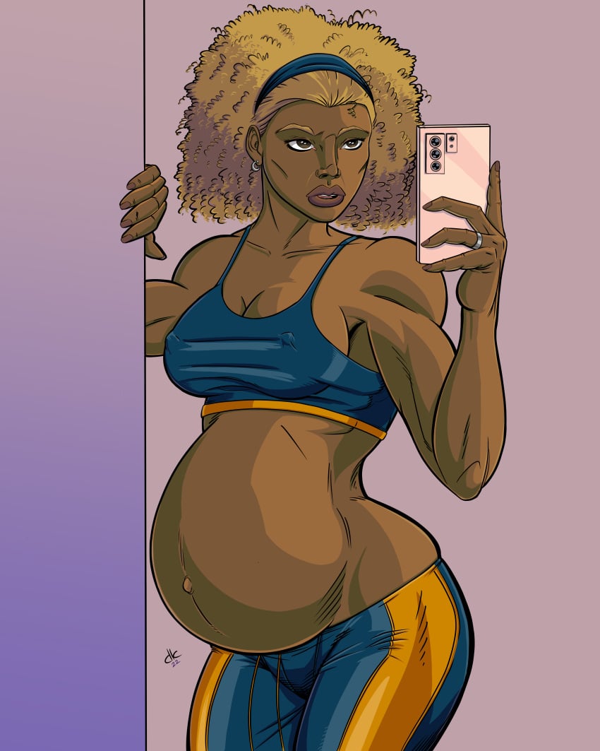 1girls belly big_belly big_breasts blonde_hair breasts curly_hair dark-skinned_female dark_skin del_ken earrings erect_nipples female nipple_bulge phone pregnant safe_for_work selfie shorts smartphone sports_bra