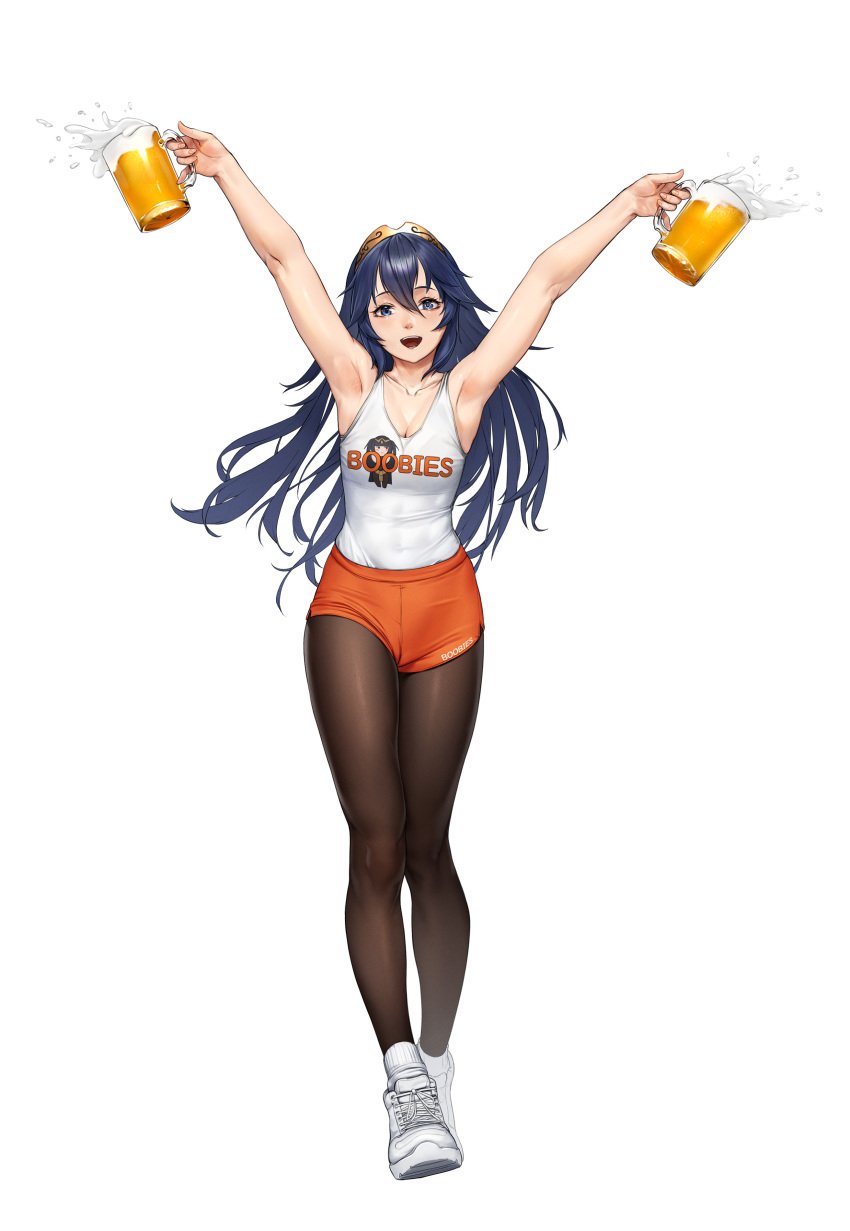 1girls :d absurdres alcohol alternate_costume ankle_socks anklehighs armpits arms_up axfa bangs bare_arms bare_shoulders beeeeen beer beer_mug blue_eyes blue_hair brand_name_imitation breasts brown_pantyhose character_print cleavage commentary_request commission cup female female_only fingernails fire_emblem fire_emblem_awakening foam full_body hair_between_eyes highres holding holding_cup hooters large_breasts light-skinned_female light_skin logo_parody long_hair looking_at_viewer lucina_(fire_emblem) mismatched_pupils mug nintendo open_mouth orange_shorts outstretched_arms pantyhose pixiv_request print_tank_top ribbed_socks shoes short_shorts shorts side_slit side_slit_shorts simple_background smile sneakers socks socks_over_pantyhose solo standing symbol-shaped_pupils tank_top teeth tiara transparent_background very_long_hair waitress white_footwear white_socks white_tank_top