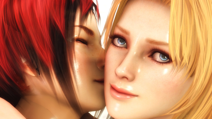 3d bikini blonde_hair blue_eyes brown_eyes cheek_kiss dead_or_alive kissing_cheek larryjohnsonsfm mila_(doa) red_hair romantic selfie tina_armstrong yuri