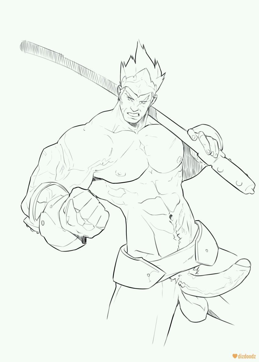 1boy abs absurd_res dizdoodz enslaved:_odyssey_to_the_west erection line_art male male_only monkey_(enslaved:_odyssey_to_the_west) monochrome muscular partially_clothed penis solo solo_male