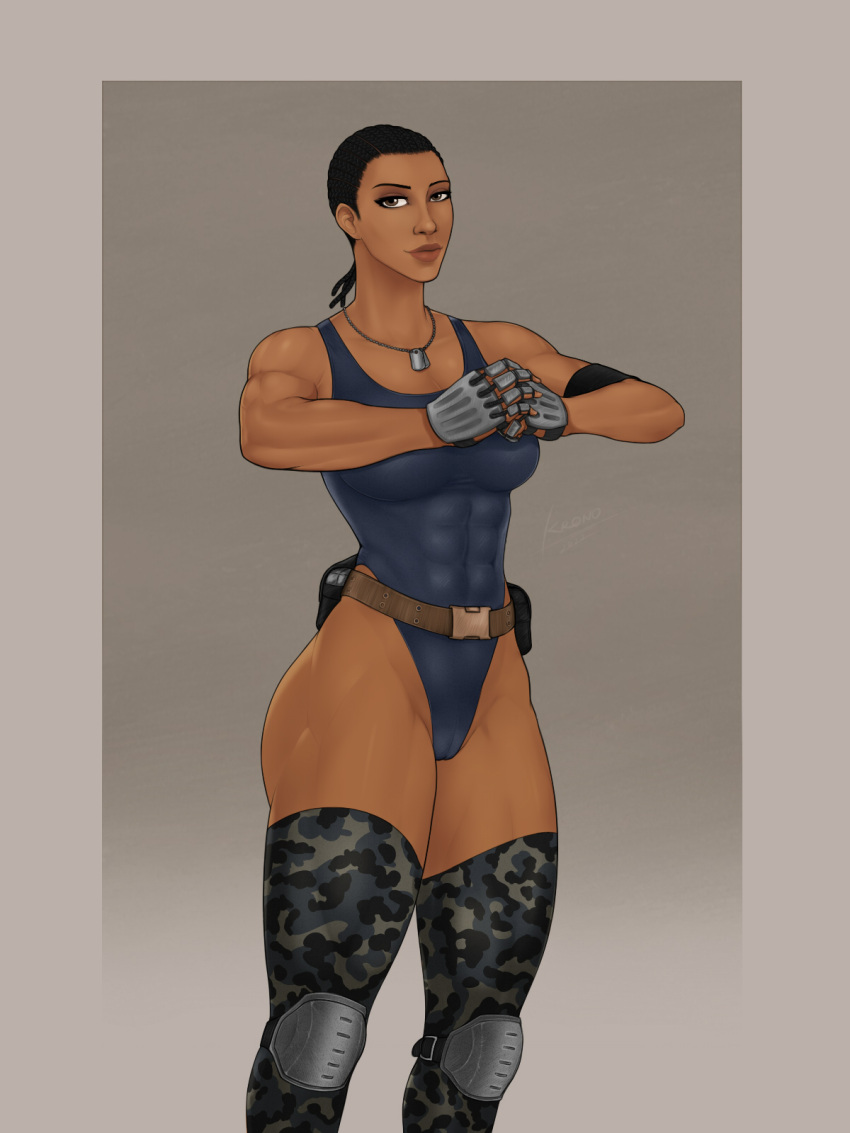 1girls 2d abs big_breasts cameltoe camouflage cornrows dark-skinned_female dark_skin dog_tags female fully_clothed gloves jacqui_briggs kronodeft leotard military mortal_kombat mortal_kombat_x muscles six_pack sole_female solo solo_focus stockings thick_thighs