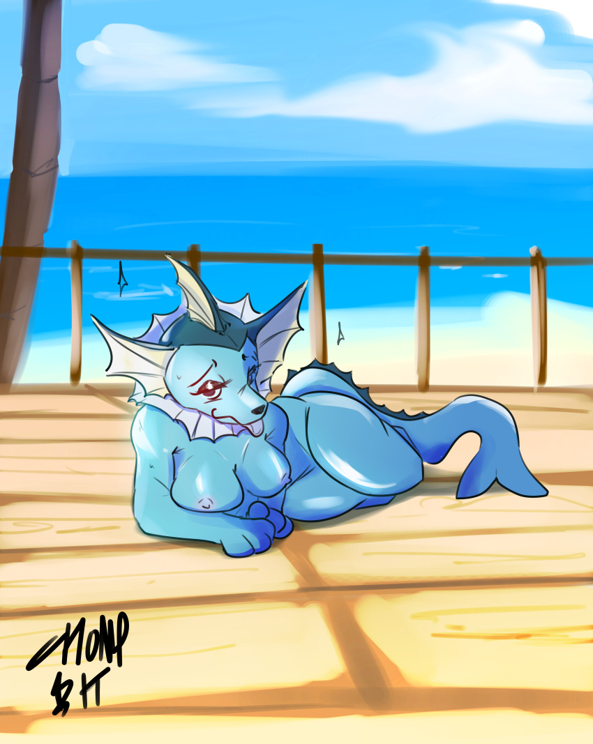 absurd_res anthro ass beach bedroom_eyes bodily_fluids breasts chompingbit eeveelution female fence fin generation_1_pokemon glistening glistening_body half-closed_eyes hi_res looking_at_viewer lying narrowed_eyes nintendo nipples nude on_side palm_tree plant pokemon pokemon_(species) pokemon_only seaside seductive solo sweat sweatdrop tongue tongue_out tree vaporeon video_games