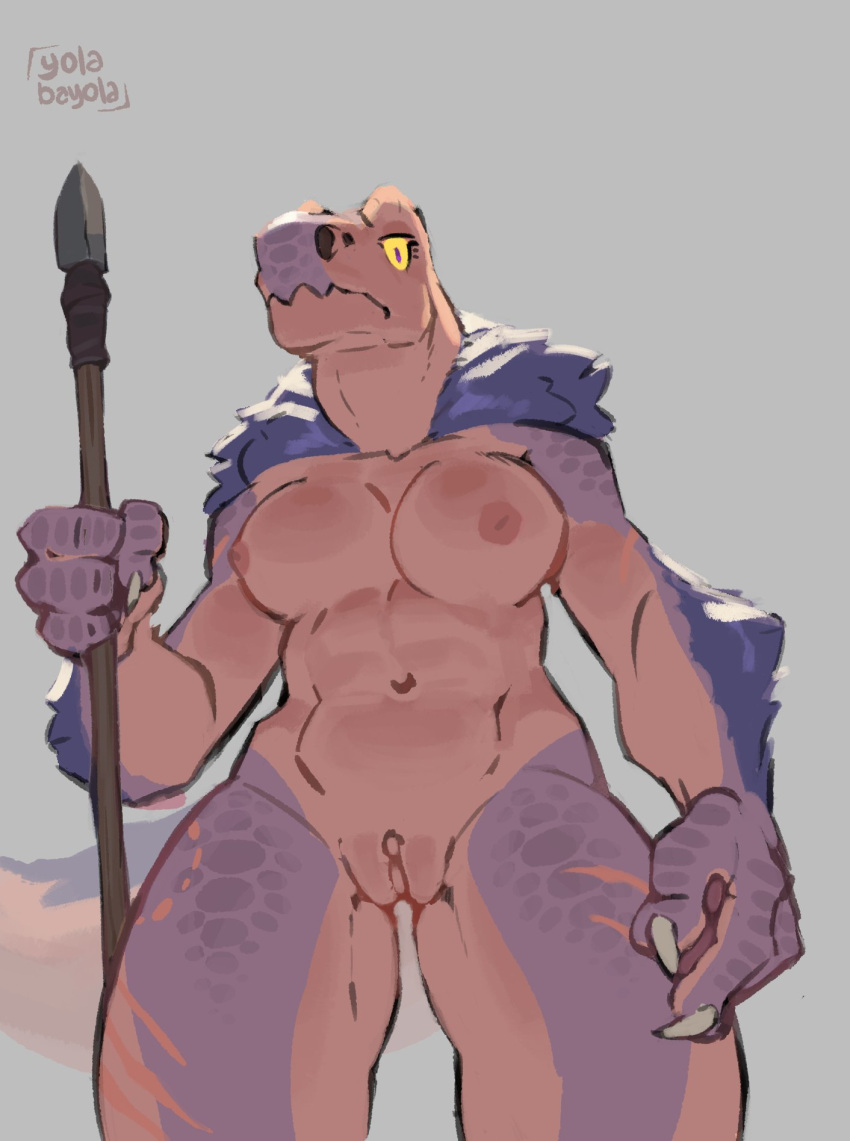 anjanath anthro areola breasts brute_wyvern capcom female fingers fur genitals hi_res looking_at_viewer melee_weapon monster_hunter nipples nude polearm pussy reptile scalie solo spear video_games weapon yolabayola1