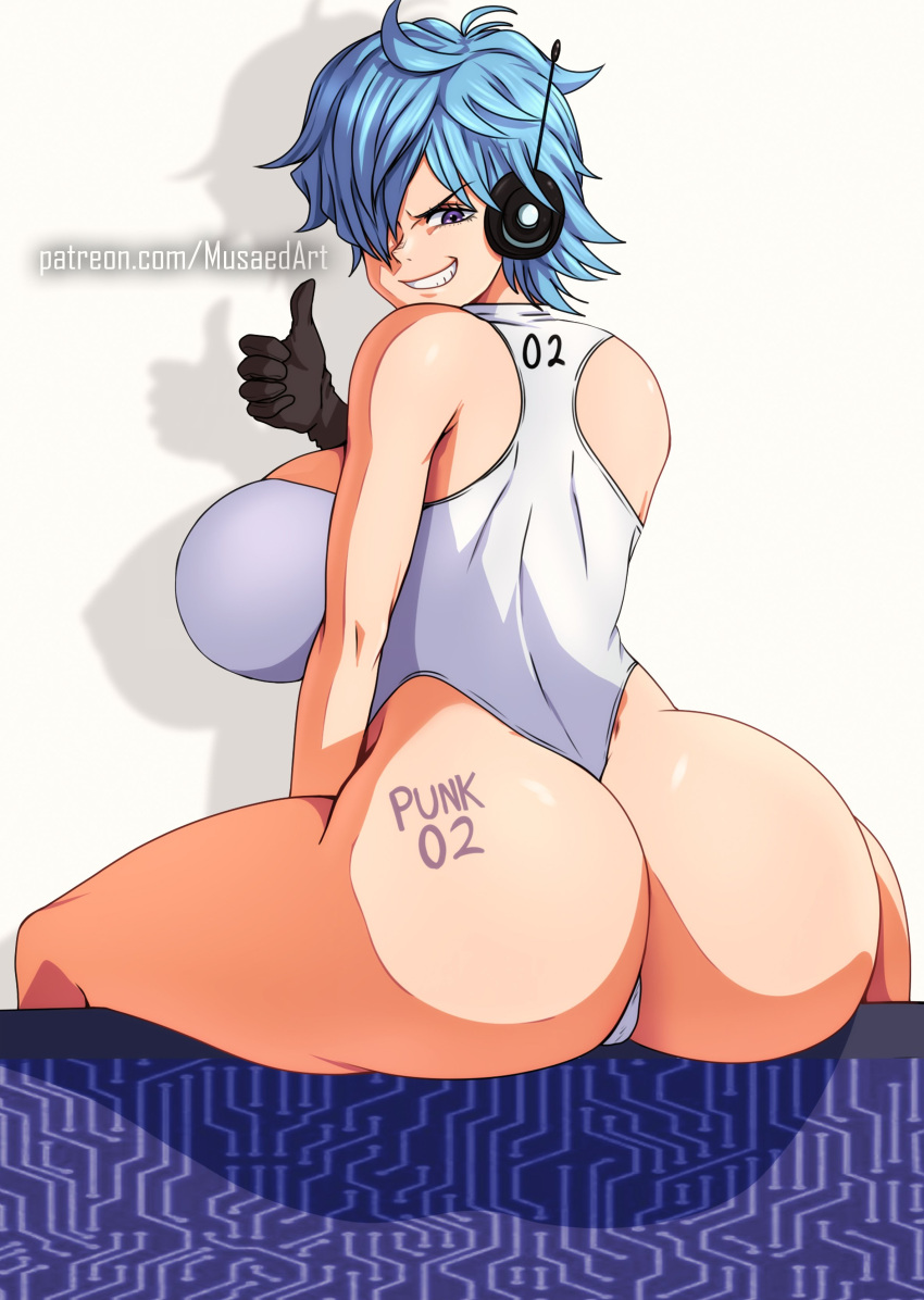 1girls ass big_ass big_breasts big_butt blue_hair breasts eye_contact female female_focus female_only gloves headphones light_skin looking_at_viewer musaed_art one_piece short_hair sitting solo swimsuit thick_thighs thighs tramp_stamp vegapunk_lilith