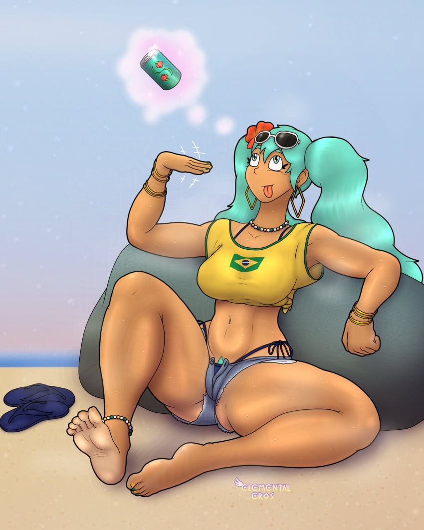 1girls barefoot big_breasts blue_hair brazil brazilian brazilian_female brazilian_miku dark-skinned_female dark_skin dressed elementaleros feet female female_only hatsune_miku soles sweat tan_lines vocaloid