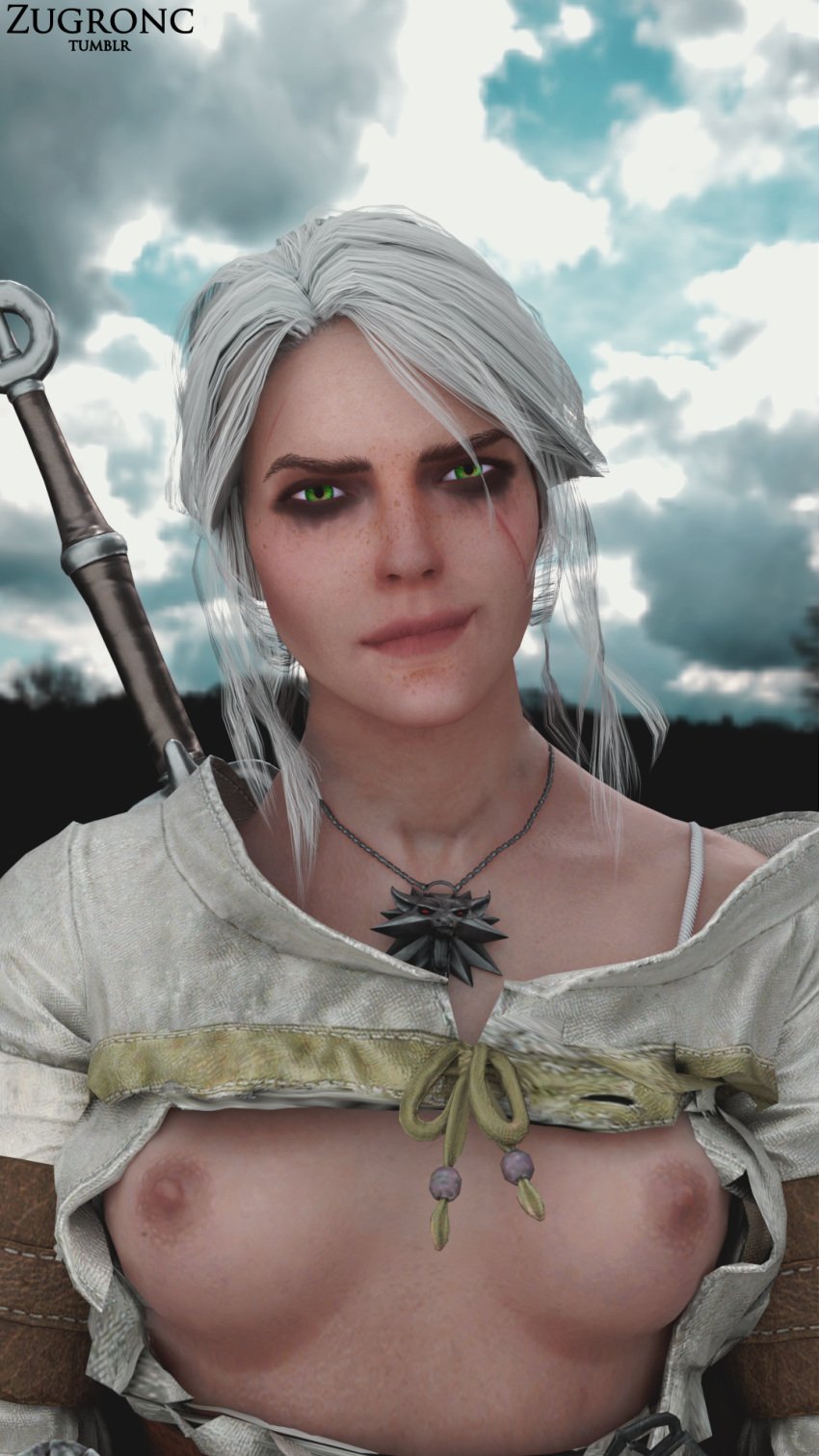 3d breasts breasts_out ciri clothing female green_eyes light-skinned_female mascara nipples scar solo sword the_witcher_(series) the_witcher_3:_wild_hunt white_hair zugronc