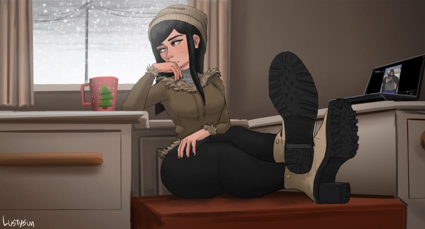 1girls alternate_version_available black_hair black_pants boot_fetish boots brown_eyes crossed_feet crossed_legs hi_res leggings looking_away luana_(lustysun) lustysun original_character pants shoe_soles shoes shoes_on sitting solo solo_female tagme winter_clothes