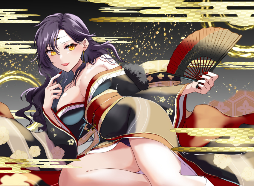 1girls alternate_costume azur_lane bare_shoulders black_hair black_kimono breasts circlet cleavage collarbone commission cosplay crossover earrings female female_only fingernails fire_emblem fire_emblem:_the_blazing_blade folding_fan friedrich_der_grosse_(azur_lane) friedrich_der_grosse_(azur_lane)_(cosplay) friedrich_der_grosse_(dark_raiments_of_gagaku)_(azur_lane) friedrich_der_grosse_(dark_raiments_of_gagaku)_(azur_lane)_(cosplay) fur-trimmed_kimono fur_trim hand_fan highres holding holding_fan japanese_clothes jewelry kimono large_breasts lipstick long_fingernails long_hair looking_at_viewer low_neckline makeup mature_female mu_tu_bu nabatame_hitomi nail_polish new_year nintendo off_shoulder panties panty_peek pantyshot pixiv_commission purple_panties red_nails red_sash sash smile solo sonia_(fire_emblem) thighs underwear upskirt voice_actor_connection yellow_eyes