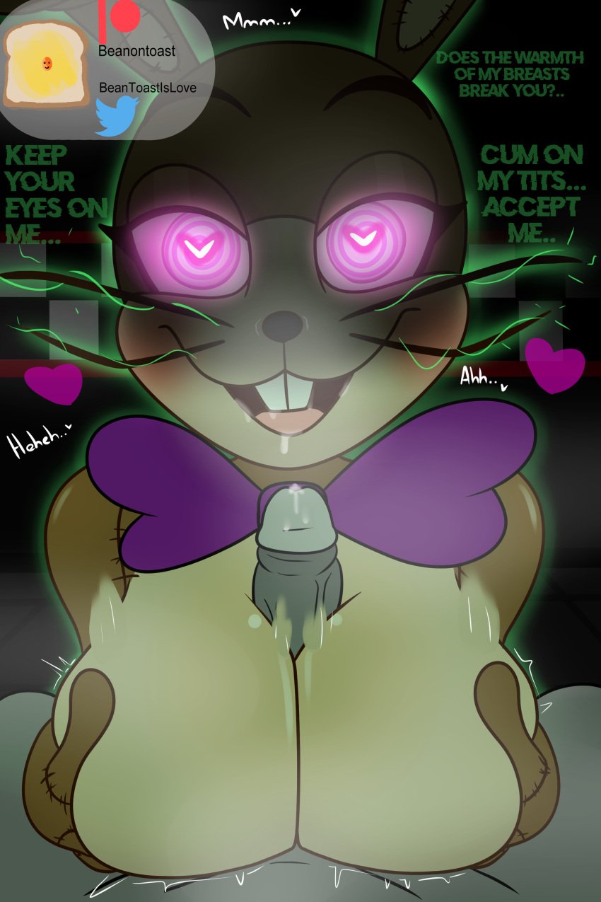 <3_eyes 2023 absurd_res anthro beanontoast bodily_fluids bow_tie breast_play breast_squish breasts buckteeth detailed_background dialogue digital_drawing_(artwork) digital_media_(artwork) drooling duo english_text erection eyelashes female first_person_view five_nights_at_freddy's five_nights_at_freddy's_vr:help_wanted fur genital_fluids genitals glitchtrap glowing glowing_eyes green_body green_fur heart hi_res holding_breast hypnosis hypnotic_eyes hypnotizing_viewer inside lagomorph leporid looking_at_viewer male male/female male_pov mammal mind_control mtf_crossgender multicolored_body multicolored_fur nude open_mouth open_smile paizuri penis pink_eyes pov_eye_contact precum rabbit rule_63 saliva scottgames sex smile squish stitch_(sewing) talking_to_viewer teeth text titfuck titjob two_tone_body two_tone_fur whiskers