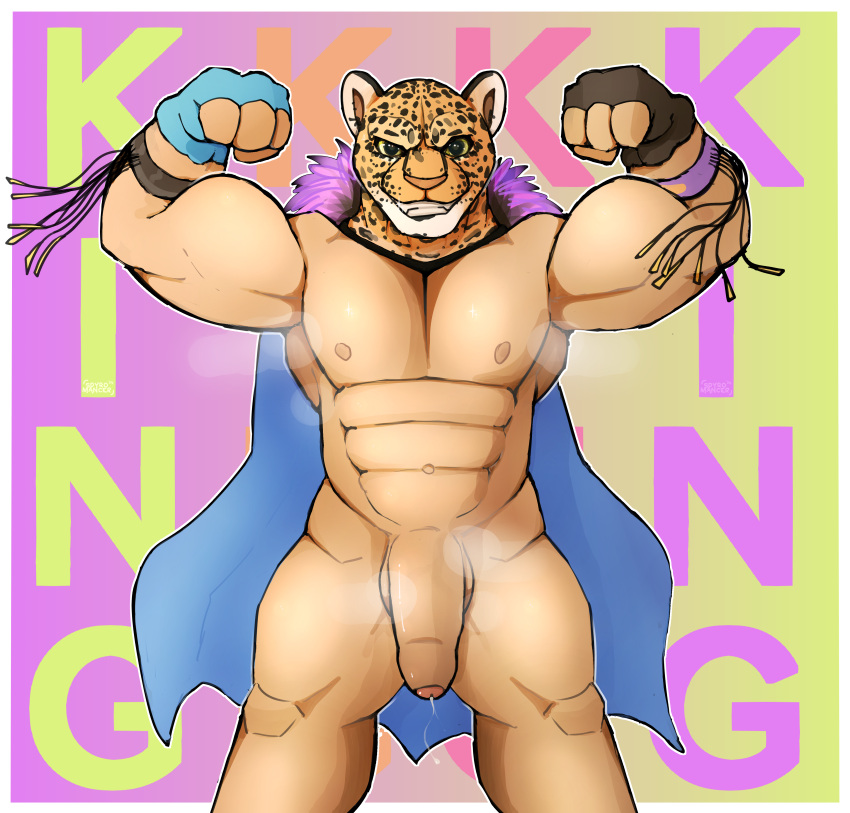 abs absurd_res anthro balls bared_teeth big_balls big_penis bodily_fluids breasts brown_body brown_fur cape clenched_teeth clothing confident confident_male cuffs_(clothing) cum eyebrows fangs feathered_cape feathers felid flaccid flexing flexing_bicep flexing_biceps flexing_both_biceps flexing_muscles foreskin fur genital_fluids genitals glistening glistening_body glistening_breasts glistening_eyes glistening_genitalia glistening_penis glistening_skin gloves gradient gradient_background green_eyes handwear hi_res huge_balls humanoid hybrid jaguar king_(tekken) leaking leaking_cum leaking_penis leaking_precum male male_focus male_only mammal markings muscular muscular_anthro muscular_humanoid muscular_male muscular_thighs navel nipples orange_body orange_fur orange_nose pantherine pecs penis precum purple_body purple_feathers raised_arm raised_eyebrow simple_background smile smiling_at_viewer solo spots spotted_body spotted_fur spotted_markings spyromancer standing tan_body tan_skin teeth teeth_showing tekken text white_body white_skin