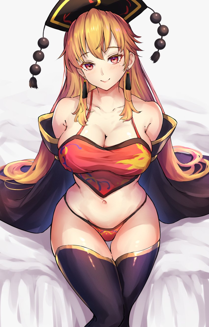 adapted_costume arms_behind_back bare_shoulders blush breasts cleavage crescent_print crop_top detached_sleeves female groin hair_between_eyes highres hip_focus junko_(touhou) large_breasts legs_together long_hair long_sleeves looking_at_viewer mature_female midriff milf navel off_shoulder orange_eyes orange_hair panties phoenix_crown pom_pom_(clothes) print_panties puck100ml red_eyes red_panties sitting smile solo thigh_gap thighhighs thighs touhou underwear very_long_hair wide_sleeves