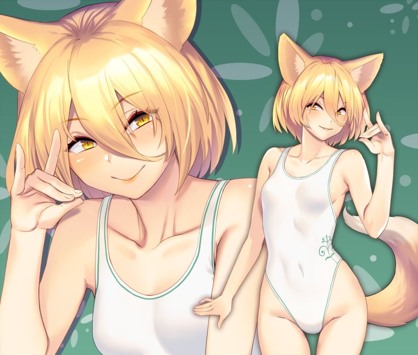 animal_ears bare_shoulders blonde_hair breasts closed_mouth eyes_visible_through_hair female fox_ears fox_tail green_background hair_between_eyes hand_up highres kudamaki_tsukasa looking_at_viewer medium_breasts one-piece_swimsuit short_hair smile solo standing swimsuit tail tarmo teeth touhou white_one-piece_swimsuit yellow_eyes