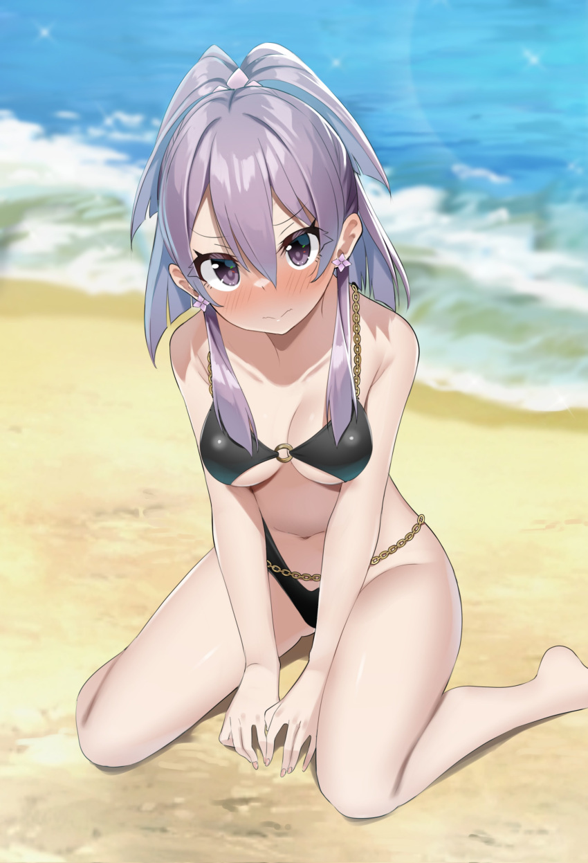 1girls aika_himena beach bikini black_bra bra legs liu12god looking_at_viewer magia_record:_mahou_shoujo_madoka_magica_gaiden magical_girl mahou_shoujo_madoka_magica medium_breasts medium_hair outdoors outside puella_magi_madoka_magica purple_eyes purple_hair solo solo_female solo_focus white_skin