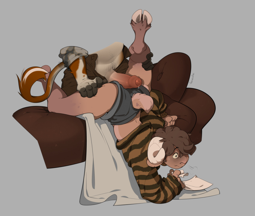 2021 anthro bedding blanket blush bottomwear bovid brown_body brown_fur brown_hair caprine clothing digital_drawing_(artwork) digital_media_(artwork) faceless_character faceless_male fenn_(fluffyfenn) fenzole_(artist) foreskin fur furniture genitals goat hair hooves horn hot_dogging hotpants imminent_sex leg_grab male male/male mammal multicolored_body multicolored_fur on_sofa pants paper pattern_clothing pattern_sweater pattern_topwear penis pubes sex shocked shorts simple_background sofa striped_clothing striped_sweater striped_topwear stripes sweater tail thigh_grab topwear two_tone_body two_tone_fur upside-down