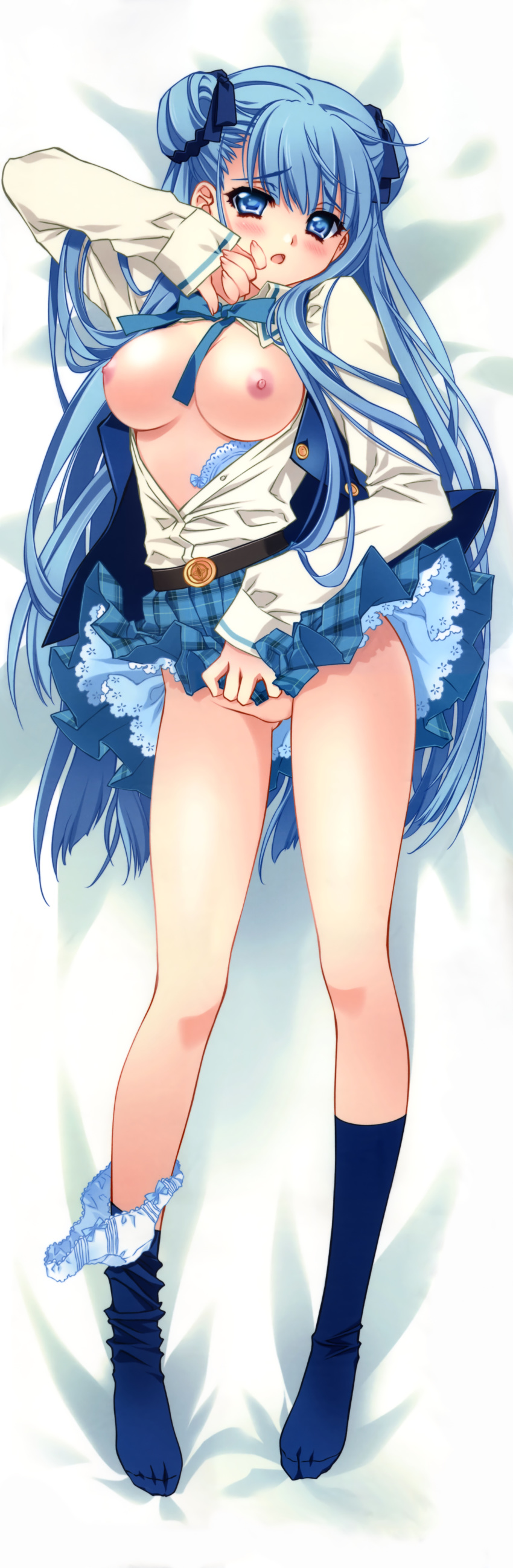 1girls blue_eyes blue_hair blue_socks blush body_pillow breasts carnelian dakimakura female footwear highres knee_socks kneehighs kneesocks long_hair long_image nipples no_pussy novagina open_clothes open_shirt panties panties_around_leg panties_around_one_leg para-sol plaid plaid_skirt scan school_uniform shirt skirt socks solo tall_image tartan underwear yatabe_noa