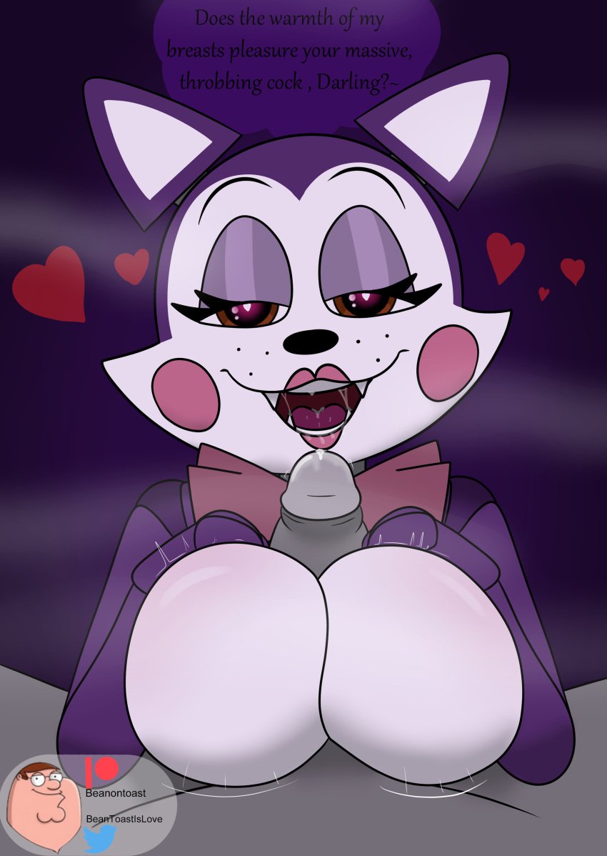 <3_eyes 2023 absurd_res animatronic anthro artist_name beanontoast big_breasts bodily_fluids bow_tie breast_play breasts brown_eyes cindy_(fnac) curvy_figure dialogue digital_drawing_(artwork) digital_media_(artwork) domestic_cat duo english_text erection eyelashes featureless_breasts felid feline felis female first_person_view five_nights_at_candy's genital_fluids genitals heart hi_res machine male male/female male_pov mammal motion_lines multicolored_body open_mouth open_smile paizuri penis precum purple_body robot saliva sex simple_background smile text titfuck titjob two_tone_body voluptuous watermark white_body