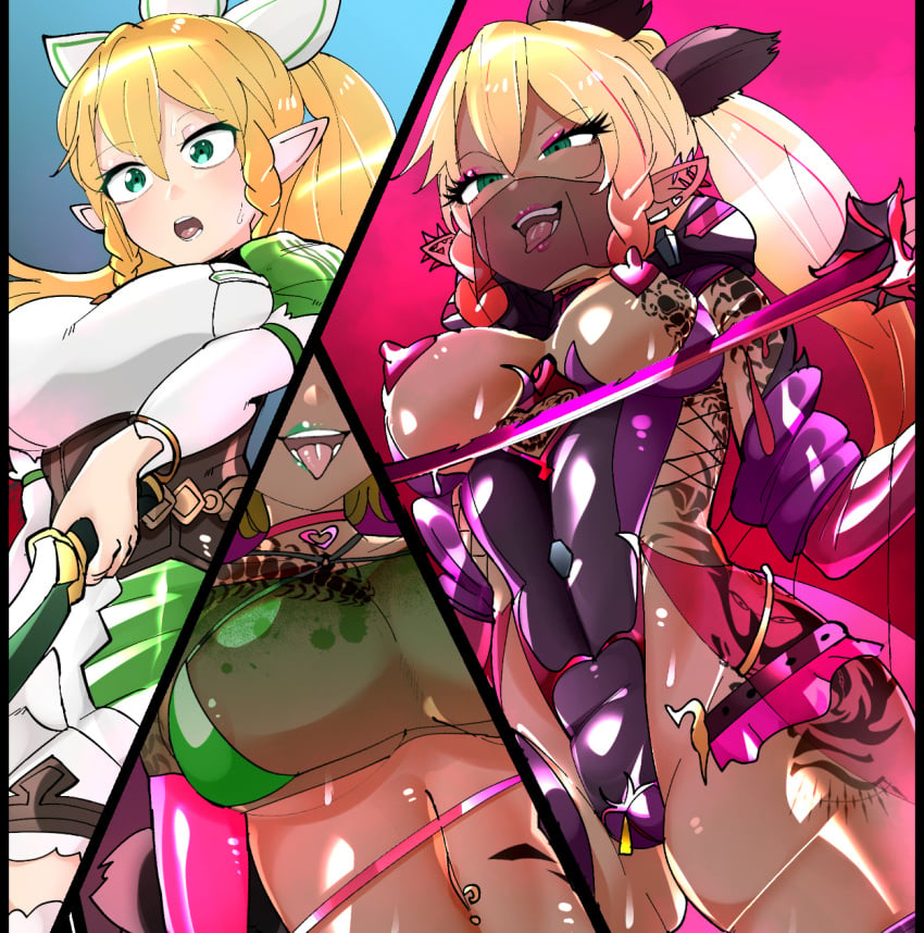 before_and_after bimbo bimbofication brainwashing cameltoe dark-skinned_female ear_piercing ebonization female femdom femsub ganguro gyaru high_heels hypnosis leafa leotard mind_break navel personality_change pussy race_swap revealing_clothes ripped_clothing sex sword_art_online thick_thighs transformation wide_hips 満足一本