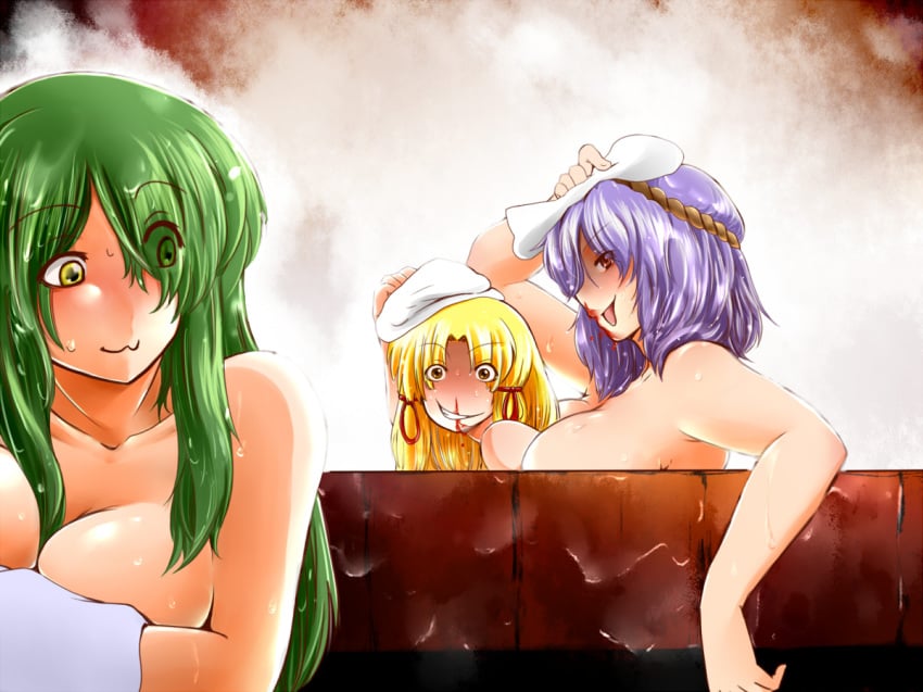 bath blonde_hair blood breasts female female_only green_eyes green_hair grin human kanako_yasaka large_breasts long_hair multiple_females multiple_girls nosebleed purple_hair red_eyes sanae_kochiya short_hair smile suwako_moriya tobisawa touhou yellow_eyes yuri