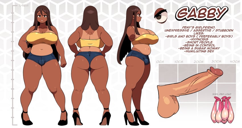 1futa ai_generated ass balls belly big_ass big_breasts big_penis breasts brown_hair character_sheet clothed clothing condom condom_balloon condoms curvaceous curvy curvy_figure dark-skinned_futanari dark_skin english_text erect_penis erection futa_only futanari gabby_(lewdpenydraw) high_heels huge_breasts huge_cock huge_penis human large_breasts large_penis lewdpenydraw long_hair measurements measuring_penis original original_character penis pigeon-toed short_shorts shorts skindentation solo solo_futa standing stats tall_futa tan tanline text thick_thighs uncensored