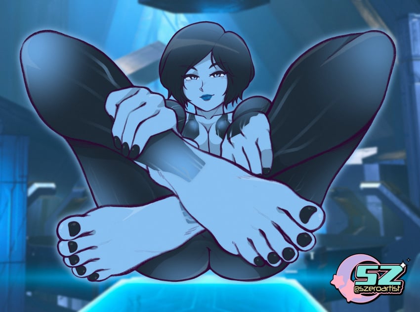 2d 2d_(artwork) blue_body blue_skin bob_cut cortana drawn feet female foot_fetish foot_focus halo_(series) high_resolution highres legs_up looking_at_viewer presenting_feet smile smiling_at_viewer solo solo_female szeroart video_games