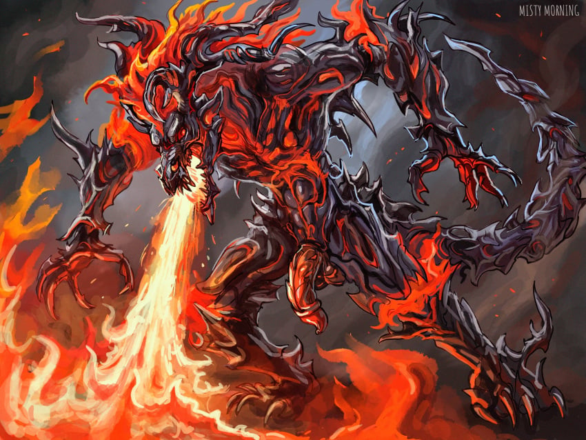 anthro demon dragon fantasy final_fantasy fire genitals hi_res ifrit_(final_fantasy) illustration invalid_tag male male/male male_only misty_morning morning mythological_creature mythological_scalie mythology nude penis scalie square_enix