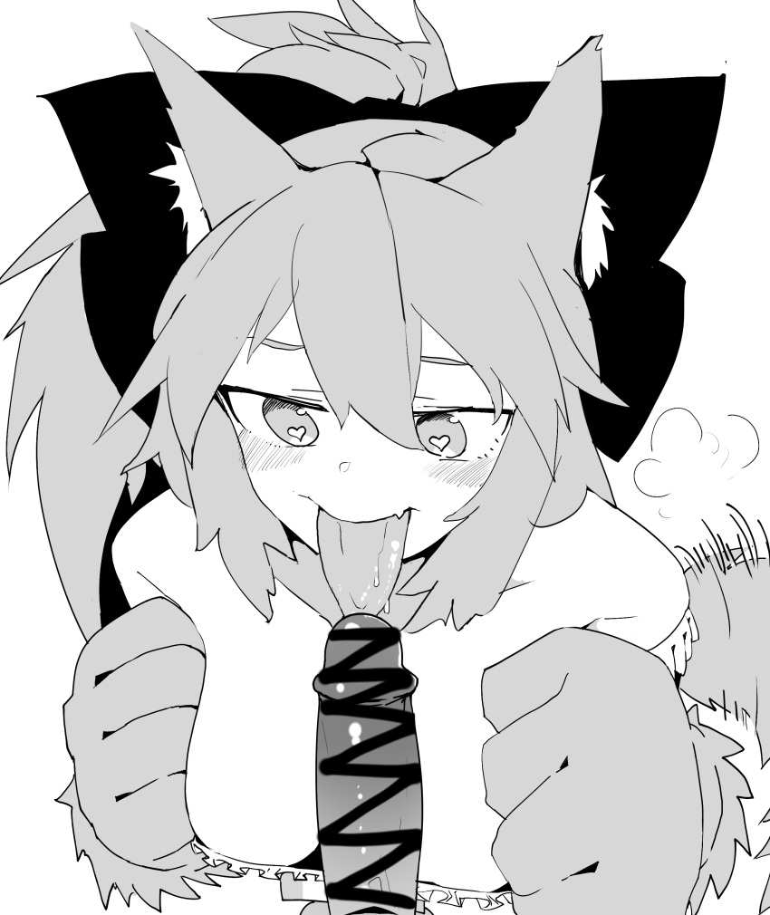 beefjk breasts cute_fang fate/grand_order fate_(series) female heart-shaped_pupils monochrome oral tamamo_(fate) tamamo_cat tamamo_nine tongue tongue_out