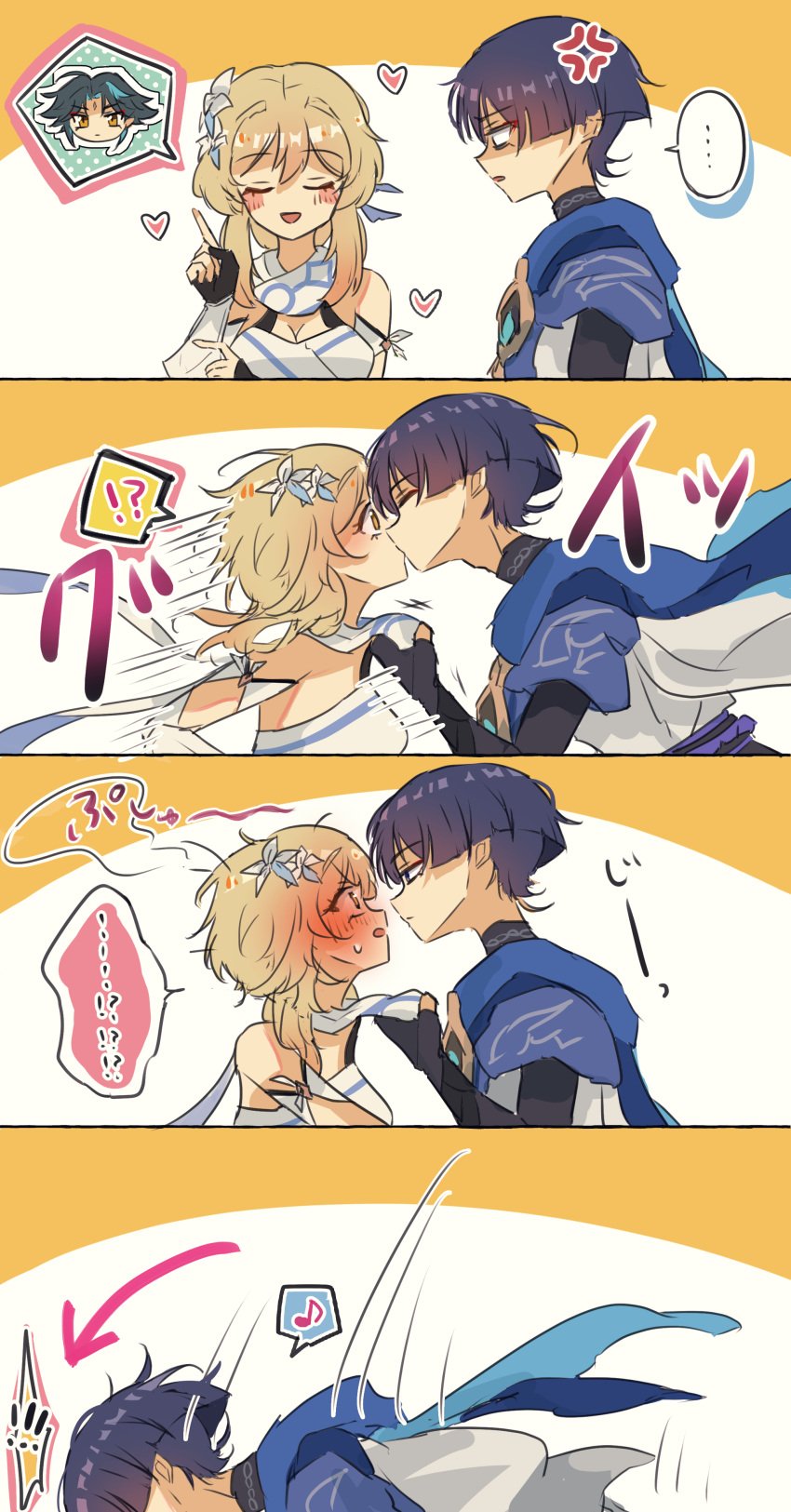 1girls artist_request assertive_male blonde_hair blush flower_in_hair flushed flushed_face genshin_impact grabbing_clothing heart heavy_blush jealous kissing lumine_(genshin_impact) male male/female pulling_clothing pushing_down scaramouche_(genshin_impact) straight xiao_(genshin_impact)