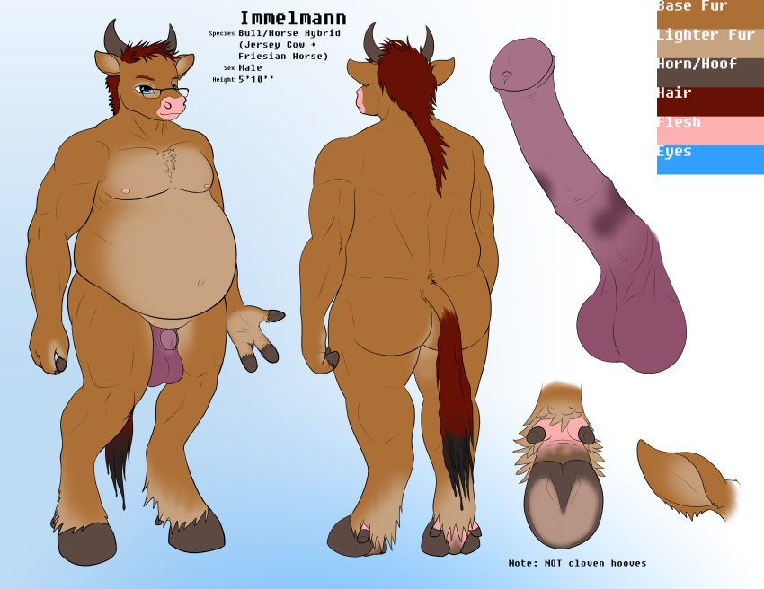 animal_genitalia balls blue_eyes bovine cattle chubby equine eyewear fur furry furry_only glasses horn horse horsecock hybrid immelmann immelmann_(character) male mammal model_sheet musclegut muscular nipples penis tuft